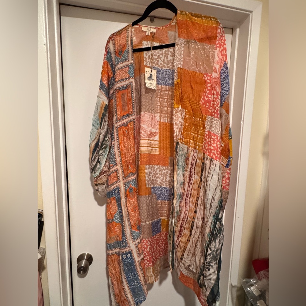 Easel Boho Patchwork Long Open-Front Kimono Jacket - Multi